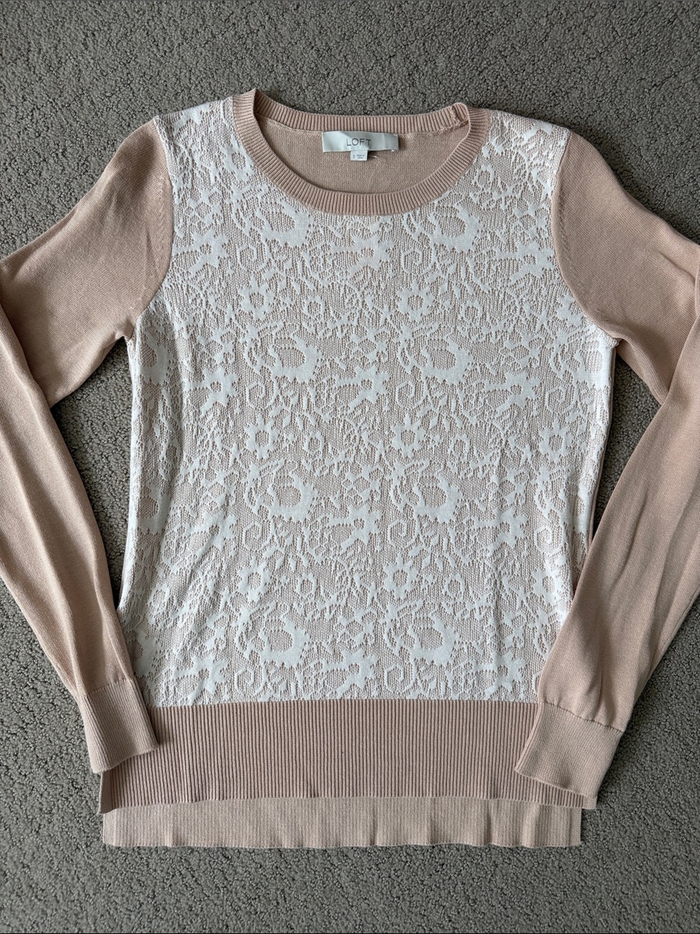 LOFT Blush Crewneck Sweater with White Lace Panel